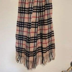 Burberry cashmere scarf. Tan, black, white, and red.